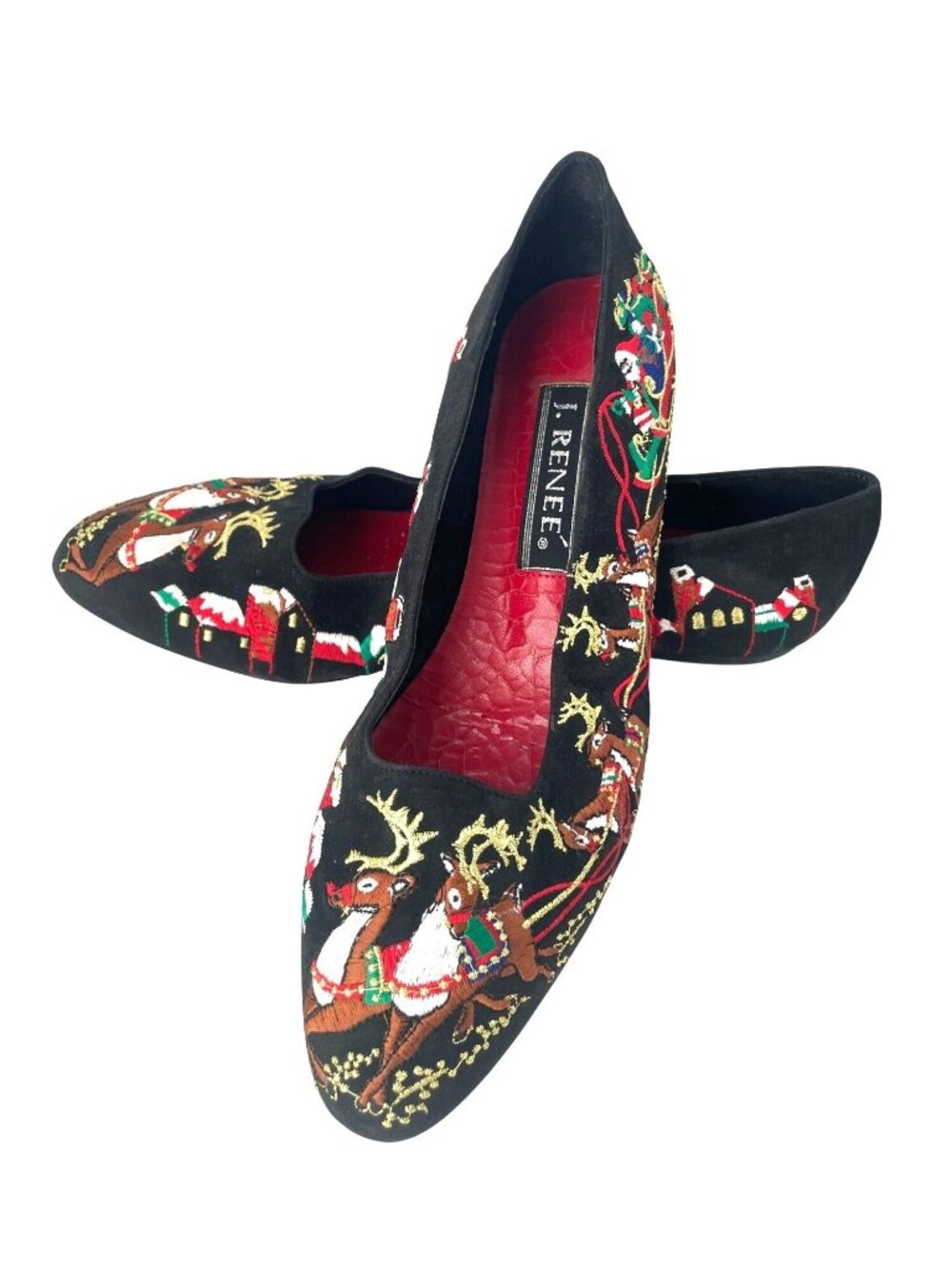 Embroidered Christmas Flats Santa Reindeer Womens Vintage 80s/90s Shoes SZ 8.5M